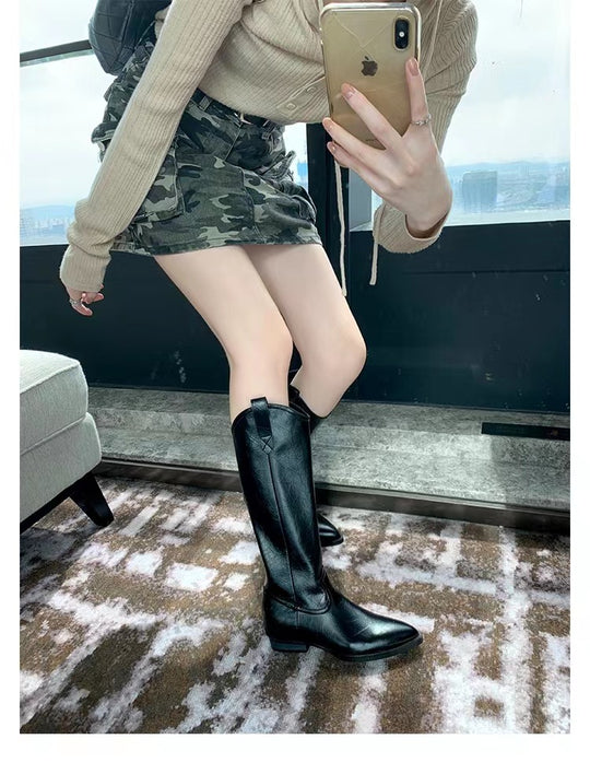 Damen Kniehohe Western‑Stiefel aus Glattleder mit spitzer Kappe und niedrigem Blockabsatz Nord Taschen