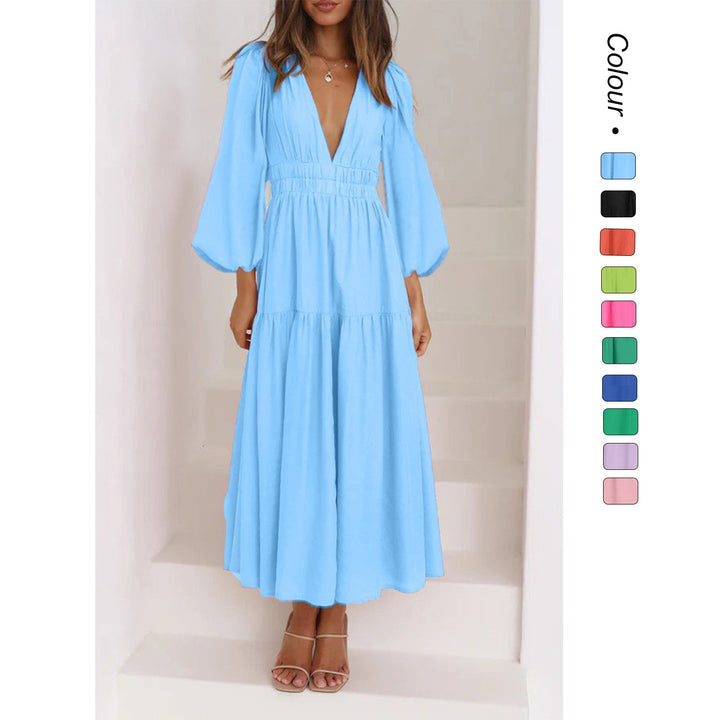 Damen Langarm Maxikleid mit tiefem V-Ausschnitt und weitem Rock