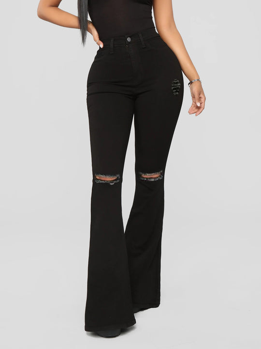 Damen High‑Waist Flared‑Jeans mit Knie‑Rissen und sculptendem Stretchbund Nord Taschen
