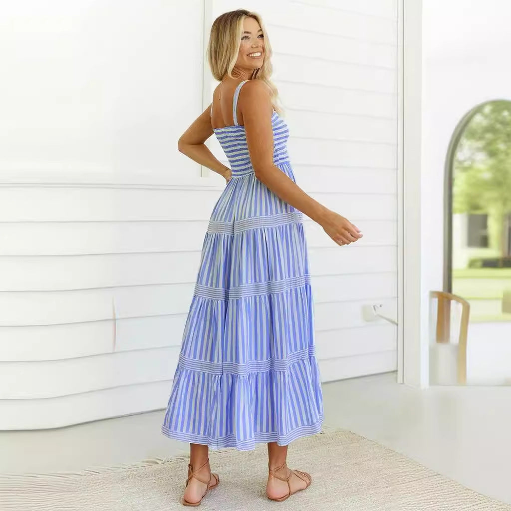 Damen Lange Sommerkleid mit schmalen Trägern und voluminösem Rock
