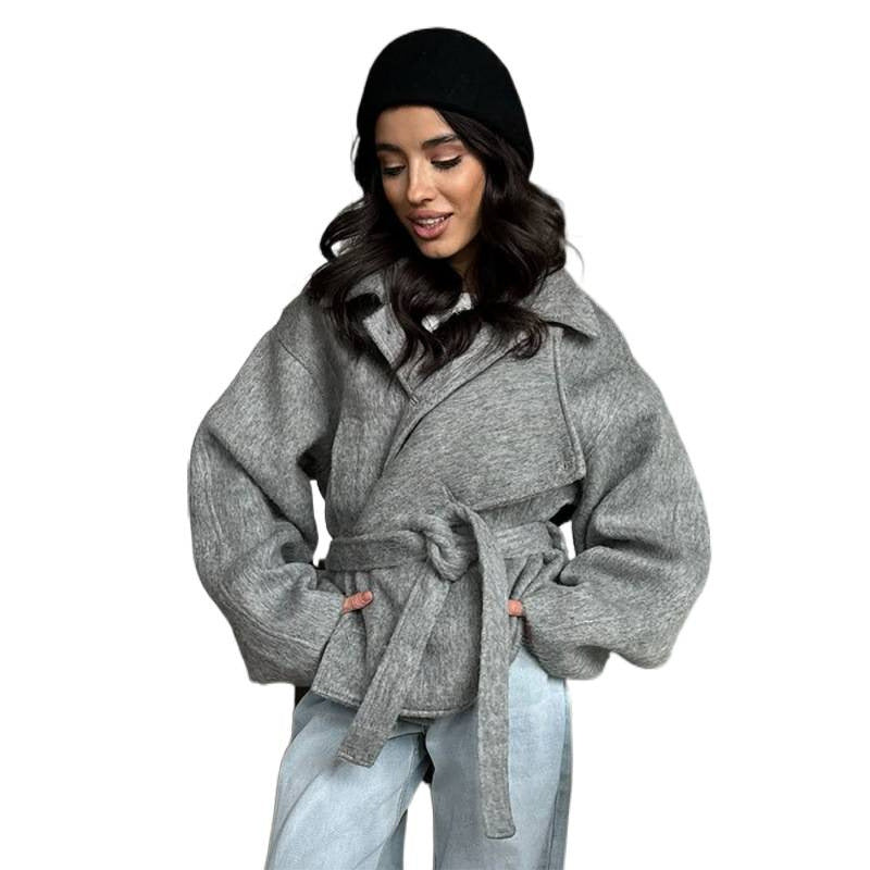 Damen Oversize Kurzmantel aus Wollmix mit Bindegürtel und Stehkragen Nord Taschen
