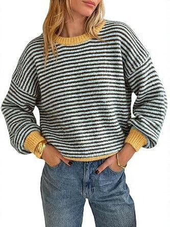 Damen Gestreifter Rippstrick-Pullover mit Kontrast-Bündchen Nord Taschen
