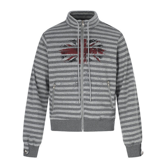 Damen Gestreifte Zip-Sweatjacke mit Stehkragen, Reißverschlusstaschen und Vintage-Flaggenprint Nord Taschen