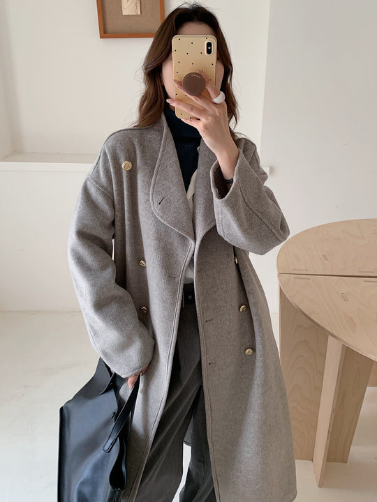 Damen Oversize Wollmix-Mantel mit doppelreihiger Knopfleiste, Stehkragen und überschnittener Schulter Nord Taschen
