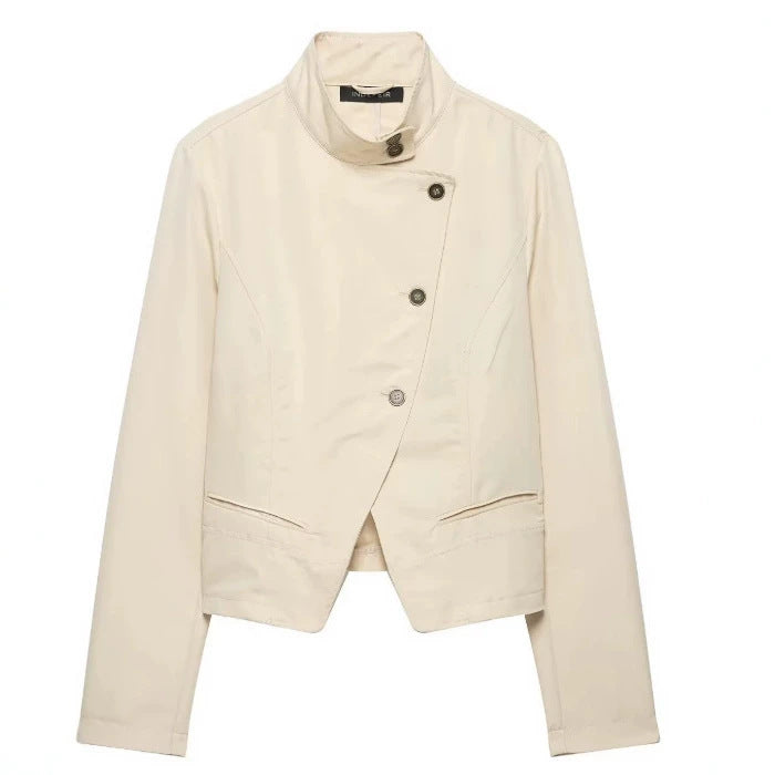 Damen Kurze taillierte Freizeitjacke im Blousonstil mit asymmetrischer Knopfreihe und Stehkragen Nord Taschen