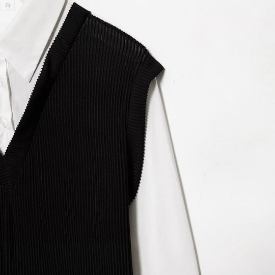 Damen Langes Hemdblusenkleid mit eingearbeiteter Strickweste Nord Taschen