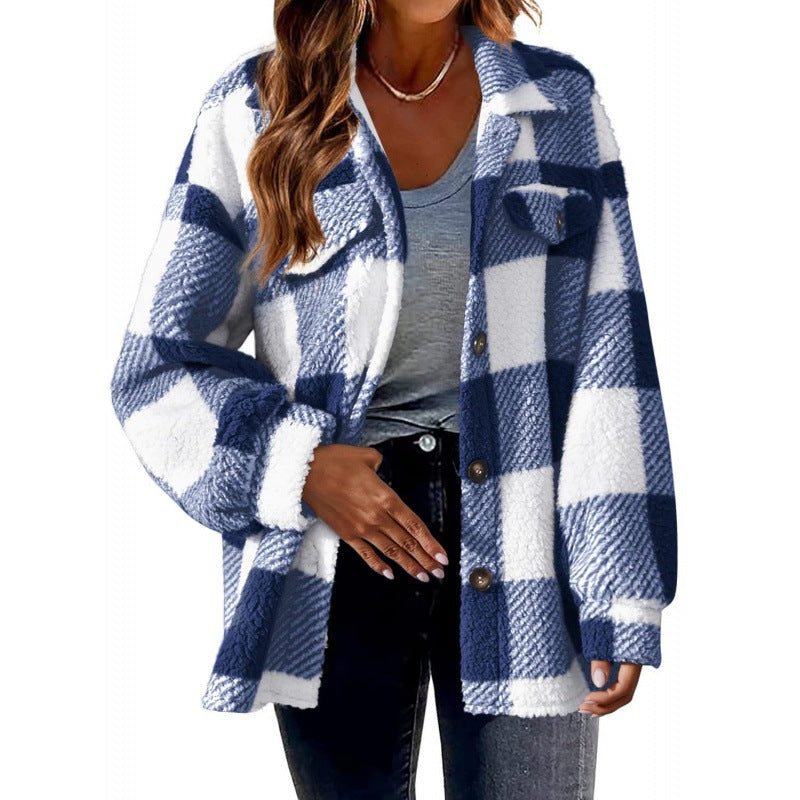 Damen Karierte Teddy‑Hemdjacke im Oversize‑Shacket‑Stil Nord Taschen