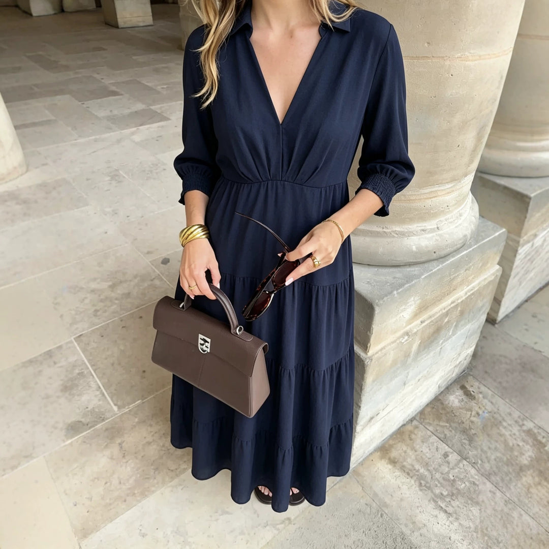 Damen Midikleid im Stufen-Look mit Hemdkragen, V‑Ausschnitt und geraffter Taillennaht Nord Taschen