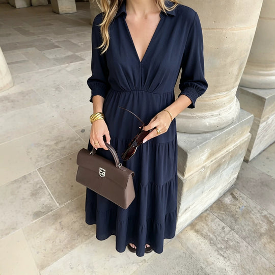 Damen Midikleid im Stufen-Look mit Hemdkragen, V‑Ausschnitt und geraffter Taillennaht Nord Taschen