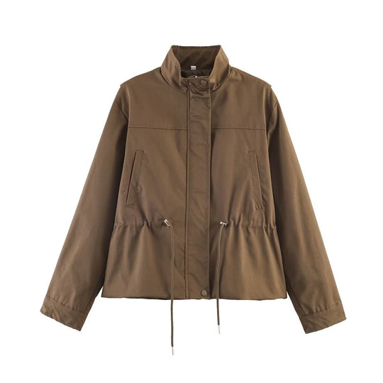 Damen Leichte Windbreaker-Übergangsjacke mit Tunnelzugtaillierung und Stehkragen Nord Taschen