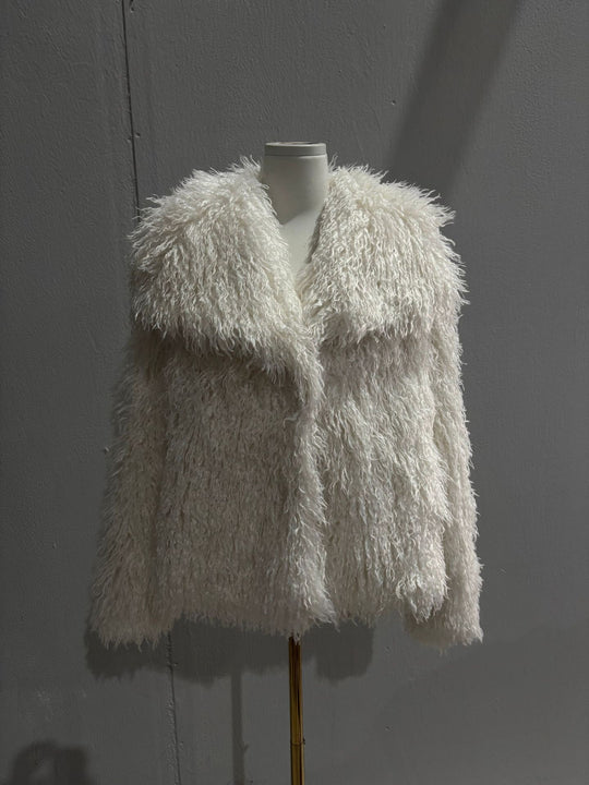 Damen Kurzbolero im Boxy-Cut aus veganem Shaggy-Kunstpelz mit XXL-Schalkragen Nord Taschen