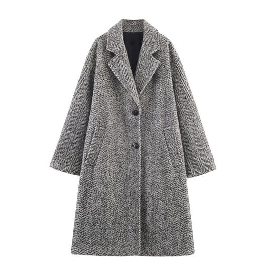 Damen Oversized Mantel mit Fischgrätmuster und tiefem Reverskragen Nord Taschen