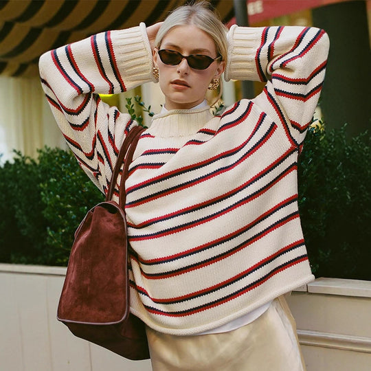 Damen Oversize gestreifter Baumwollmix-Pullover mit weitem Schnitt und Rippbündchen Nord Taschen