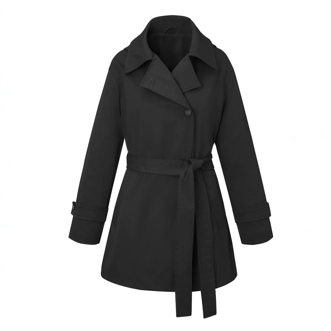 Damen Kurztrenchcoat mit tailliertem Bindegürtel und weitem Revers Nord Taschen