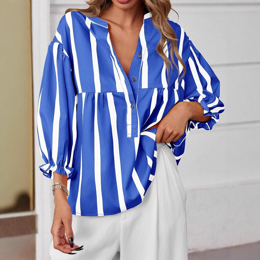 Damen oversize Bluse mit Streifenmuster und Knopfleiste