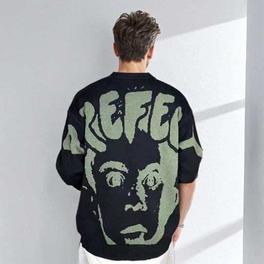Herren Oversized Grafik‑Intarsienpullover mit tiefem Rückmotiv und Rundhalsausschnitt Nord Taschen