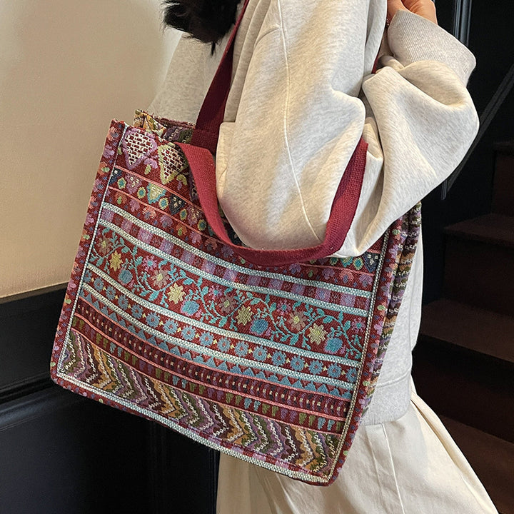 Damen Trendige Jute-Tasche mit buntem Ethnomuster Nord Taschen