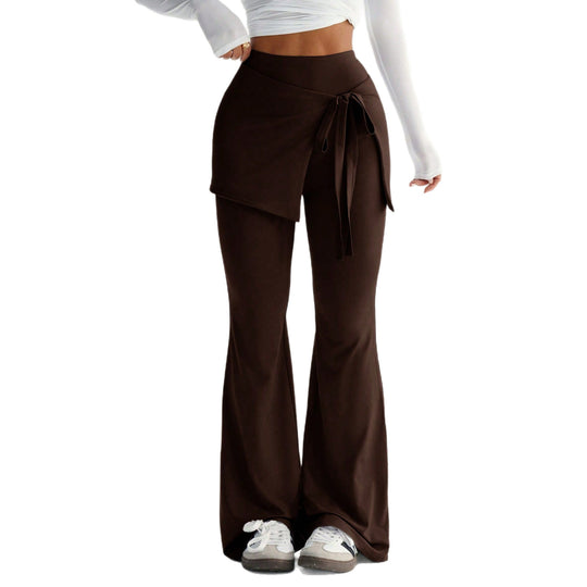 Damen hochtaillierte Schlaghose mit Wickelrock-Overlay und Taillenschleife Nord Taschen