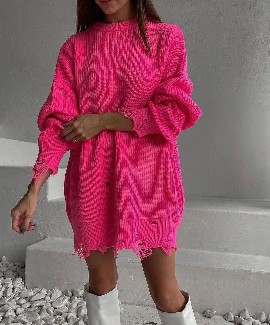 Damen Oversized Strickkleid mit Destroyed-Saum und Ballonärmeln Nord Taschen