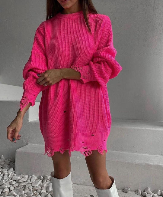 Damen Oversized Strickkleid mit Destroyed-Saum und Ballonärmeln Nord Taschen