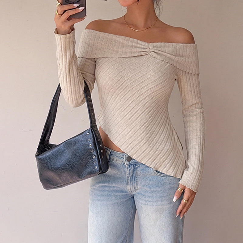 Damen Figurbetontes Off-Shoulder Rippstrick-Top mit Knotenfront und asymmetrischem Saum Nord Taschen