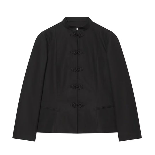 Damen Kurze taillierte Jacke mit Mandarin-Kragen und dekorativen Knotenverschlüssen Nord Taschen