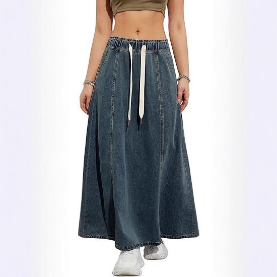 Damen Langer A-Linien Jeansrock mit elastischem Bund und Kordel Nord Taschen