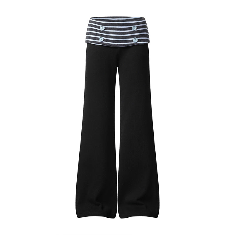 Damen Weite Loungewear-Hose mit umschlagbarem Streifenbund und Zierknöpfen Nord Taschen