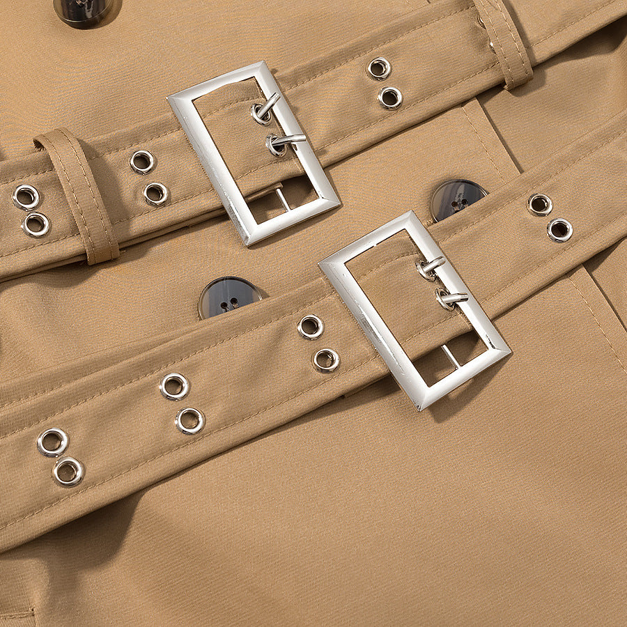 Damen Langer doppelreihiger Trenchcoat mit tailliertem Doppelgürtel, Ballonärmeln und Epauletten Nord Taschen