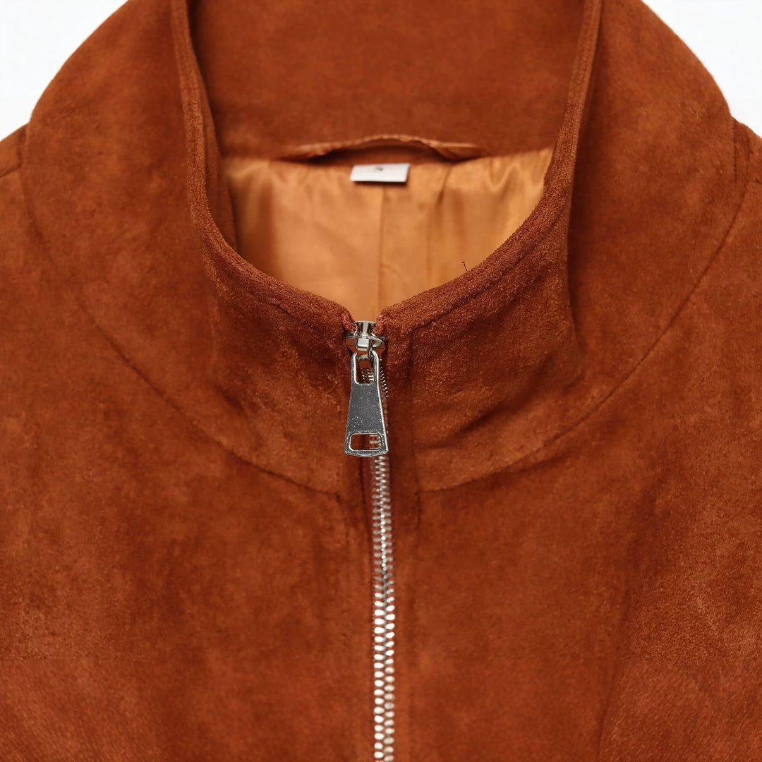 Damen Kurzgeschnittener Wildleder-Blouson mit Stehkragen und Reißverschluss Nord Taschen