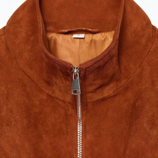 Damen Kurzgeschnittener Wildleder-Blouson mit Stehkragen und Reißverschluss Nord Taschen