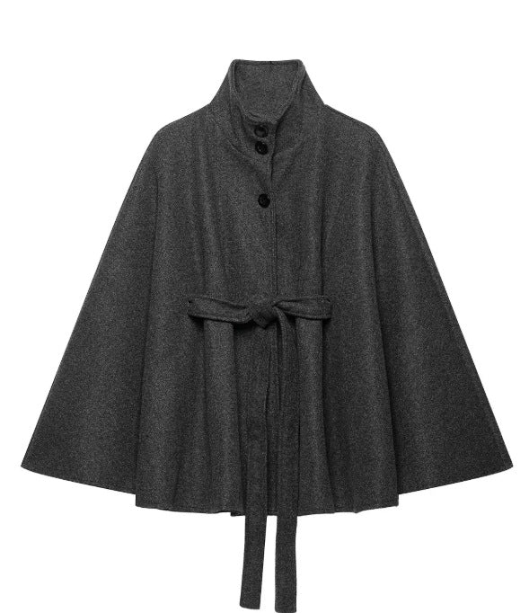 Damen Kurzcape aus Wollmix mit hohem Stehkragen und Bindegürtel Nord Taschen