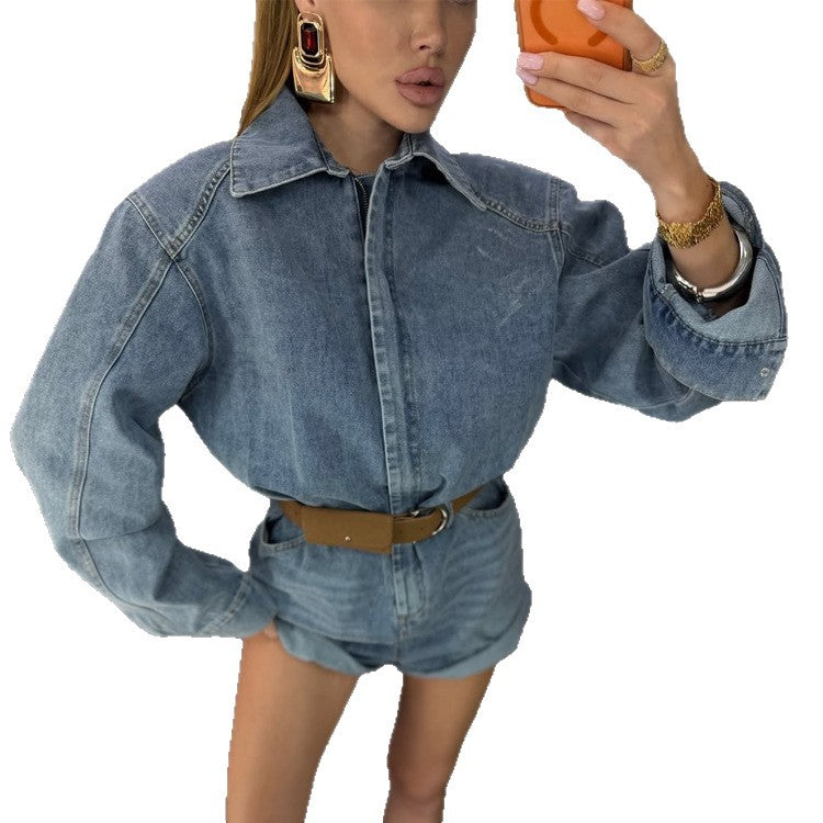 Damen Denim-Shorts-Overall mit kastigem Hemdoberteil und Taillengürtel Nord Taschen