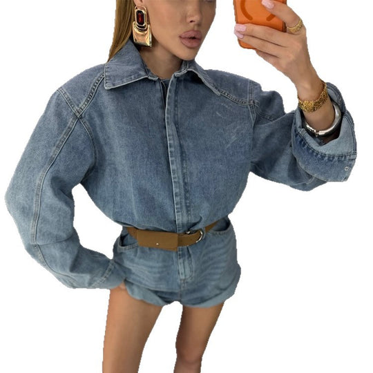 Damen Denim-Shorts-Overall mit kastigem Hemdoberteil und Taillengürtel Nord Taschen