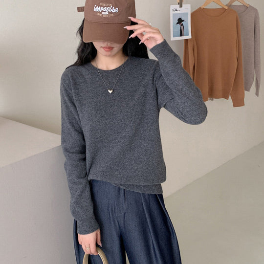 Damen Feiner Rundhals-Pullover aus Kaschmir-Mix mit gerippten Bündchen Nord Taschen