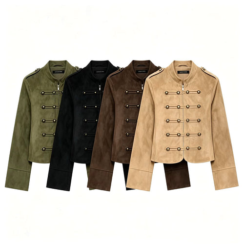 Damen Kurzjacke im Militärstil aus Veloursimitat mit Stehkragen, Epauletten und dekorativer Zierknopfleiste Nord Taschen