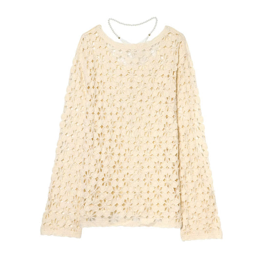 Damen gehäkelter Floralpullover mit Rundhalsausschnitt und Ajourmuster Nord Taschen