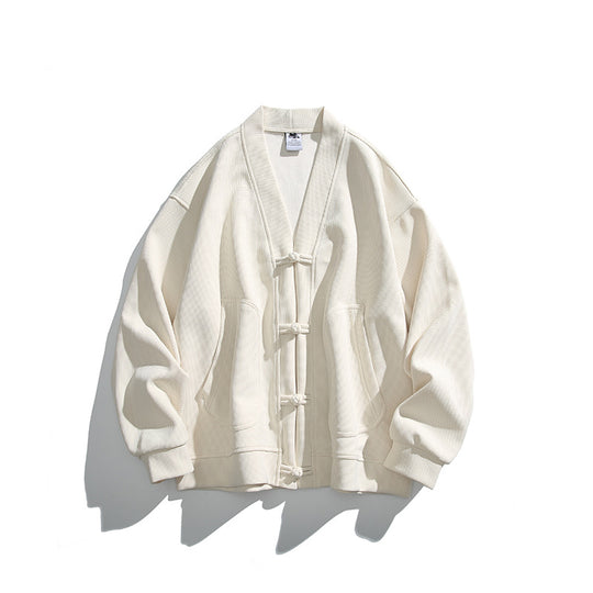 Herren weit geschnittene Kimono-Jacke im Hanfu-Stil mit Kordelverschlüssen und aufgesetzten Taschen Nord Taschen