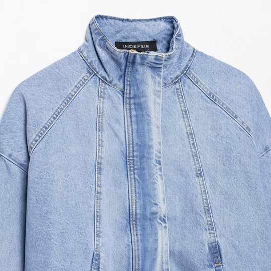 Damen Oversize Denim-Blouson mit hohem Stehkragen und elastischem Saum Nord Taschen