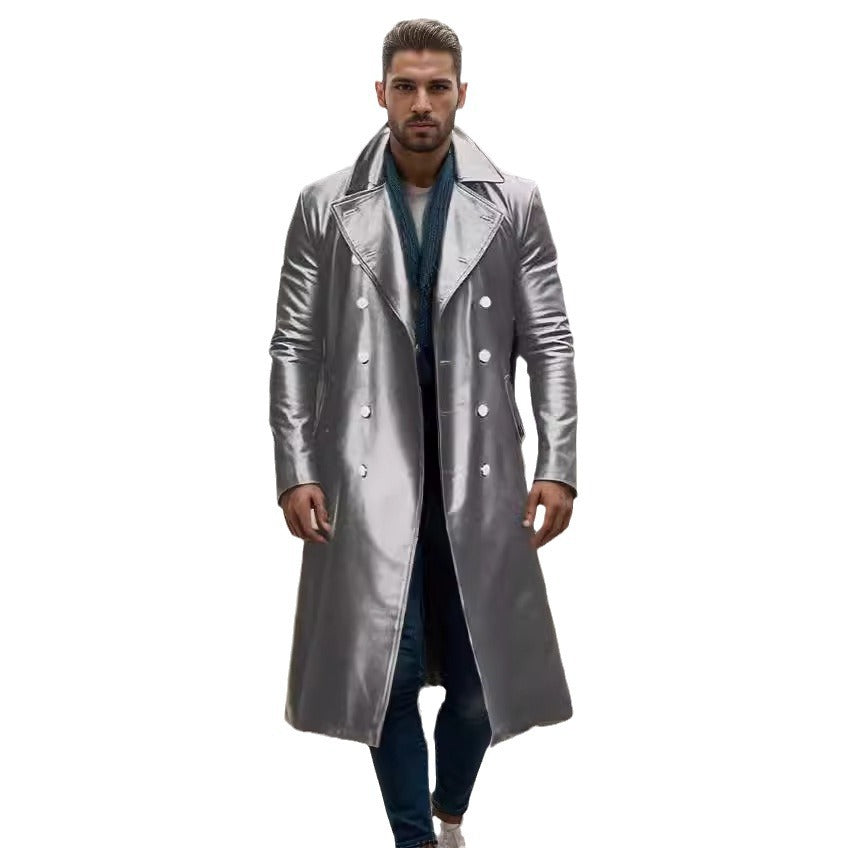 Herren Langer glänzender Kunstleder-Trenchcoat mit Doppelreiher und markantem Revers Nord Taschen