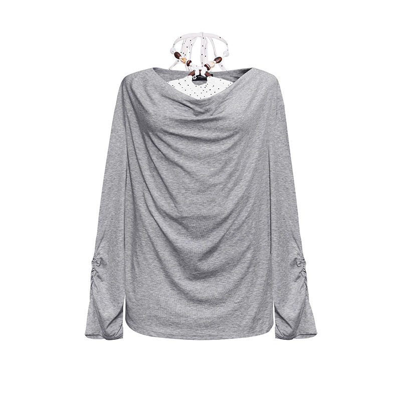 Damen Langes drapiertes Langarmshirt mit Wasserfallkragen und Raffung an den Ärmeln Nord Taschen