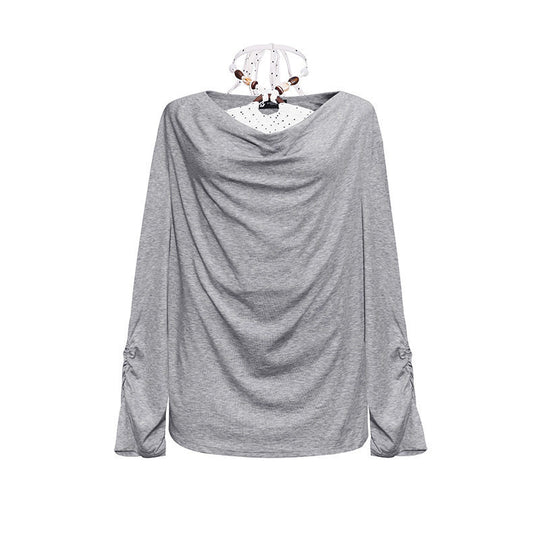 Damen Langes drapiertes Langarmshirt mit Wasserfallkragen und Raffung an den Ärmeln Nord Taschen