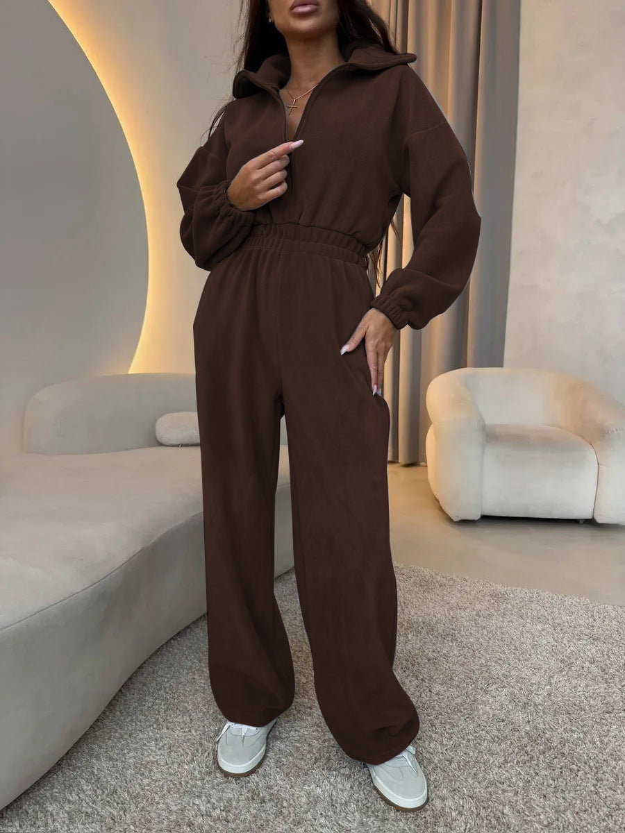 Damen eleganter Lounge-Overall mit elastischer Taillenpartie, Stehkragen, Reißverschluss und weitem Bein Nord Taschen