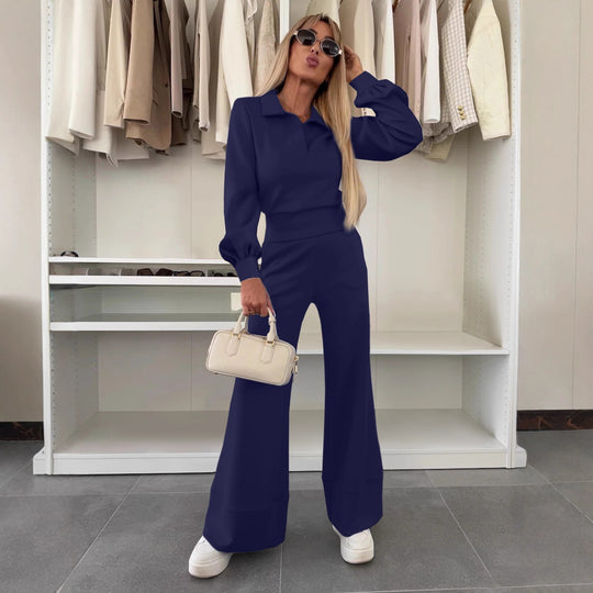 Damen Zweiteiliges Lounge-Set mit Polokragen und taillenhoher Palazzohose Nord Taschen