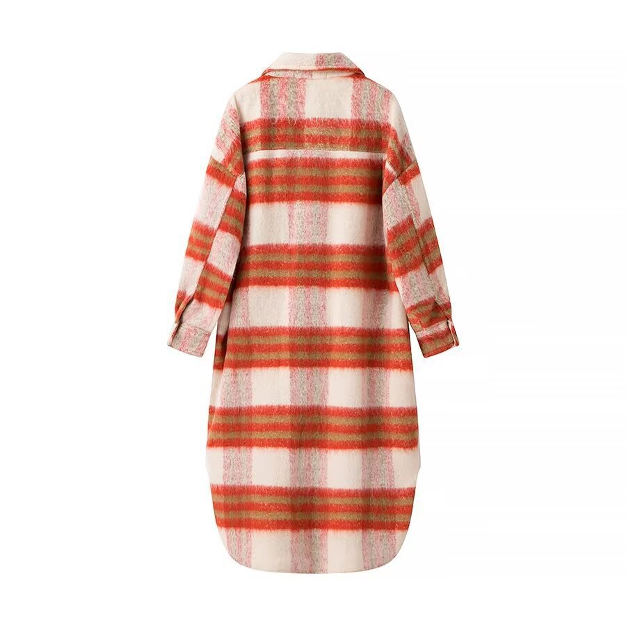Damen Langer karierter Teddy‑Mantel in Shirtjacken‑Optik mit Hemdkragen und aufgesetzten Taschen Nord Taschen