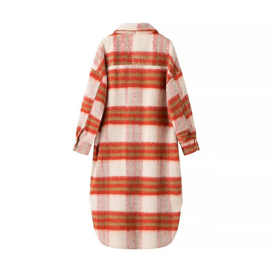Damen Langer karierter Teddy‑Mantel in Shirtjacken‑Optik mit Hemdkragen und aufgesetzten Taschen Nord Taschen