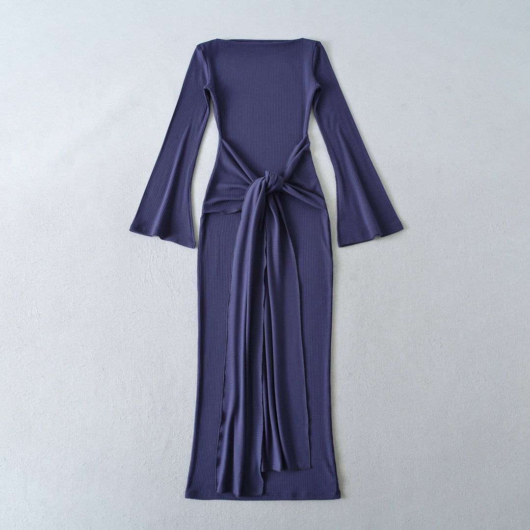 Damen Maxikleid aus Rippstrick mit Trompetenärmeln und Taillen-Knotendetail Nord Taschen