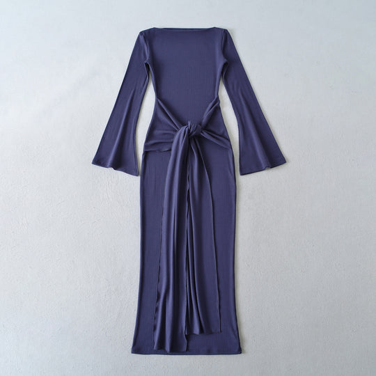 Damen Maxikleid aus Rippstrick mit Trompetenärmeln und Taillen-Knotendetail Nord Taschen