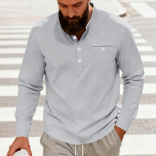 Herren Lässiges Henley-Langarmshirt mit Stehkragen, Brusttasche und abgerundetem Saum Nord Taschen