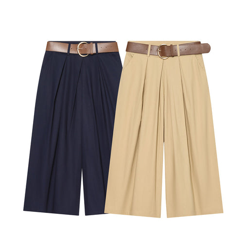Damen Hochtaillierte Culotte-Hose mit weitem Bein, Kellerfalten und Rundbuckel-Gürtel Nord Taschen